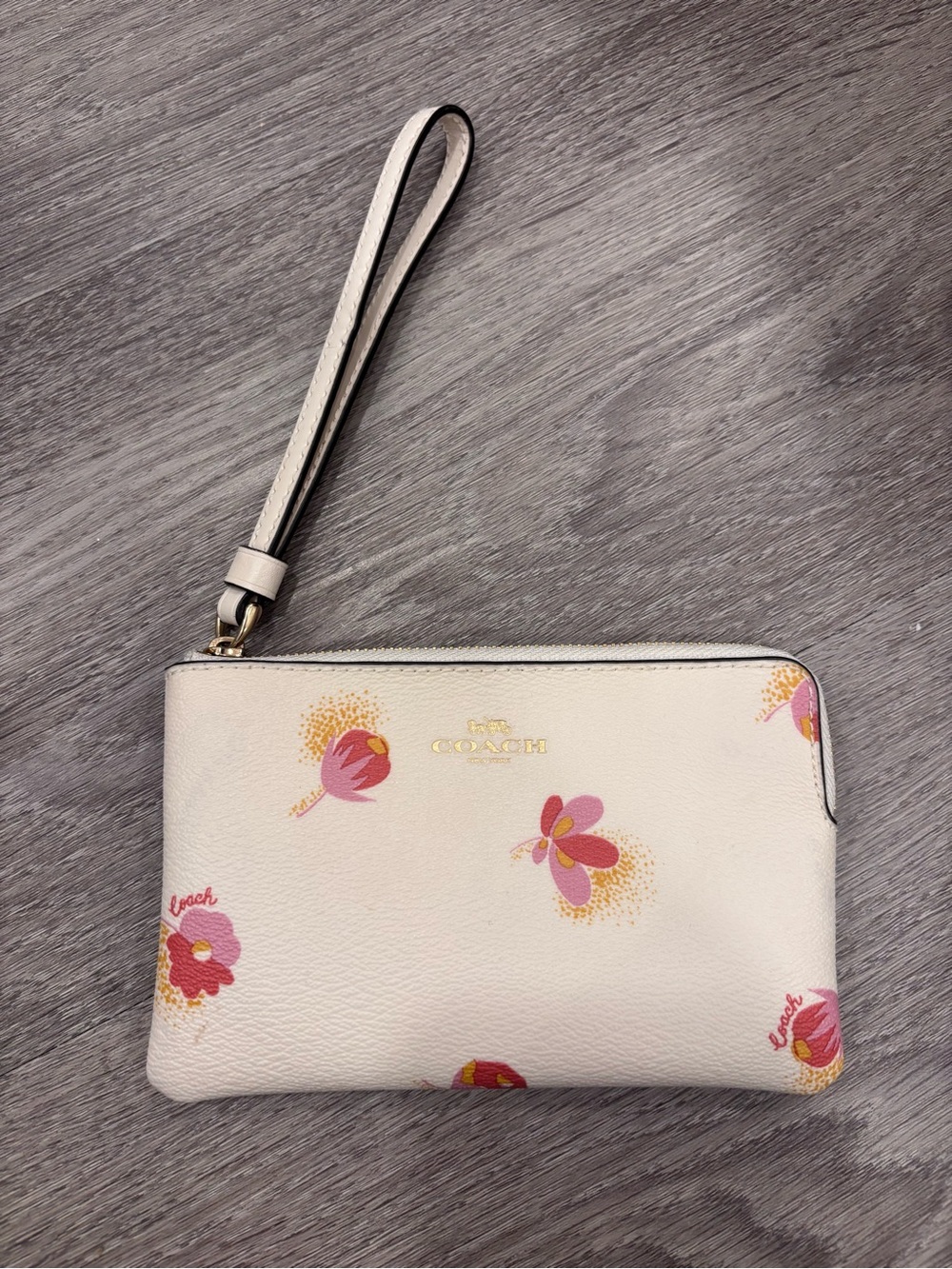 COACH Cream Floral Wristlet Clutch with Pink & Coral Accents